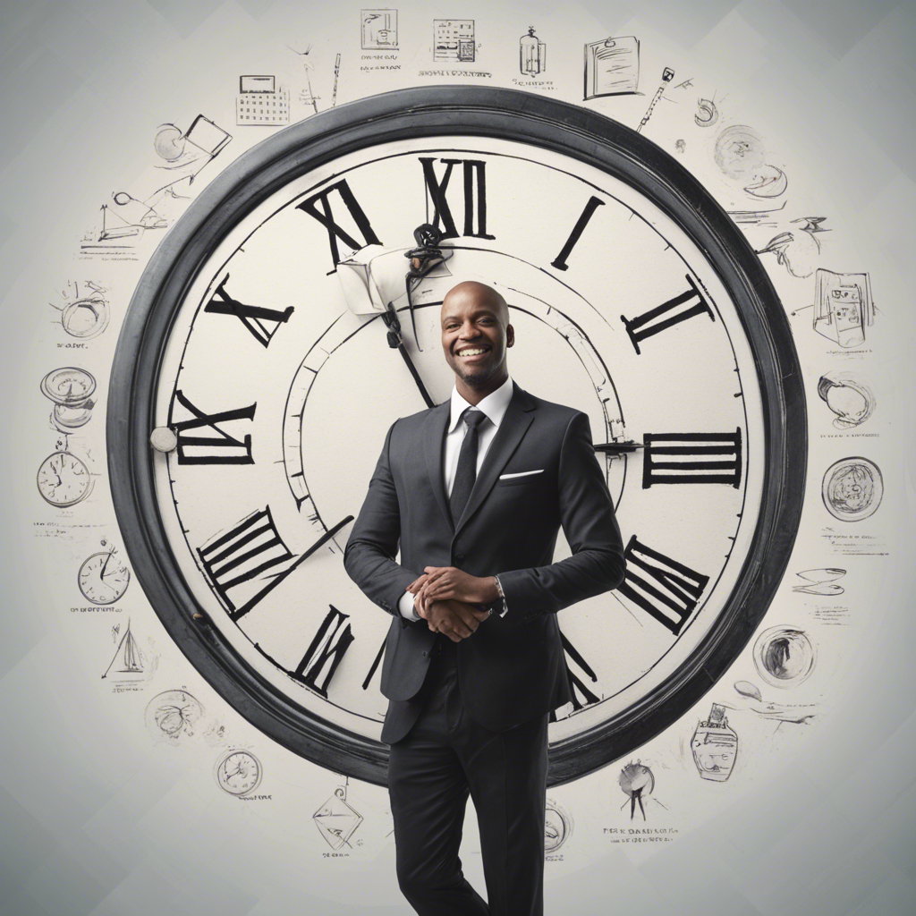 a photo of a man in a business style who confidently manages his time. This person can be represented surrounded by a large clock symbolizing time, and icons or icons representing various aspects of the efficiency and organization of time, such as calendars, schedules, to-do lists, etc. The person can demonstrate a smile and confidence that will emphasize success and efficiency in time management.