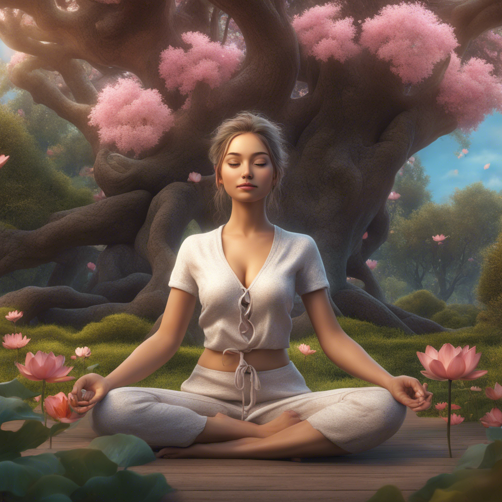 professional photography is as detailed as possible, a beautiful girl meditates in the lotus position against the background of a blooming garden under a magic tree. cheerful smile, huge detailed eyes, high resolution, 32K, hyperdetalization, clearly drawn details, fantasy, contrast