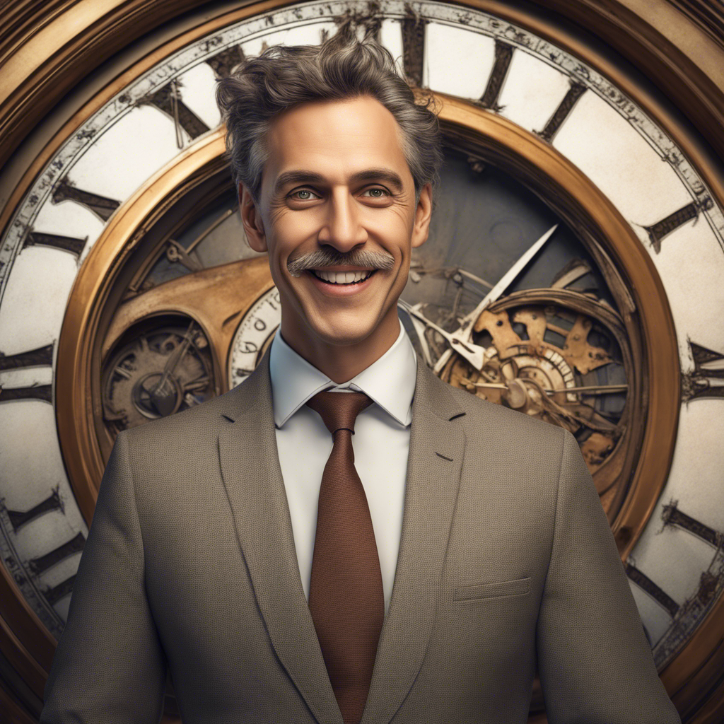 professional photography is as detailed as possible, a satisfied businessman against the background of a huge clock. cheerful smile, huge detailed eyes, high resolution, 32K, hyperdetalization, clearly drawn details, fantasy, contrast