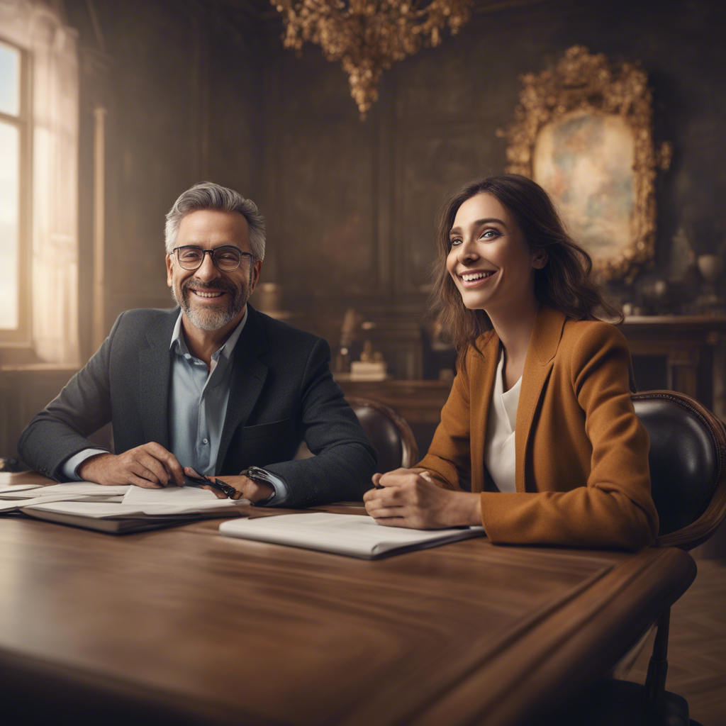 professional photography is as detailed as possible, two people are sitting at a desk opposite each other at an interview. cheerful smile, huge detailed eyes, high resolution, 32K, hyperdetalization, clearly drawn details, fantasy, contrast