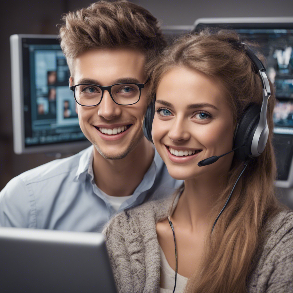 professional photography is as detailed as possible, a young couple at the computer. cheerful smile, huge detailed eyes, high resolution, 32K, hyperdetalization, clearly drawn details, fantasy, contrast