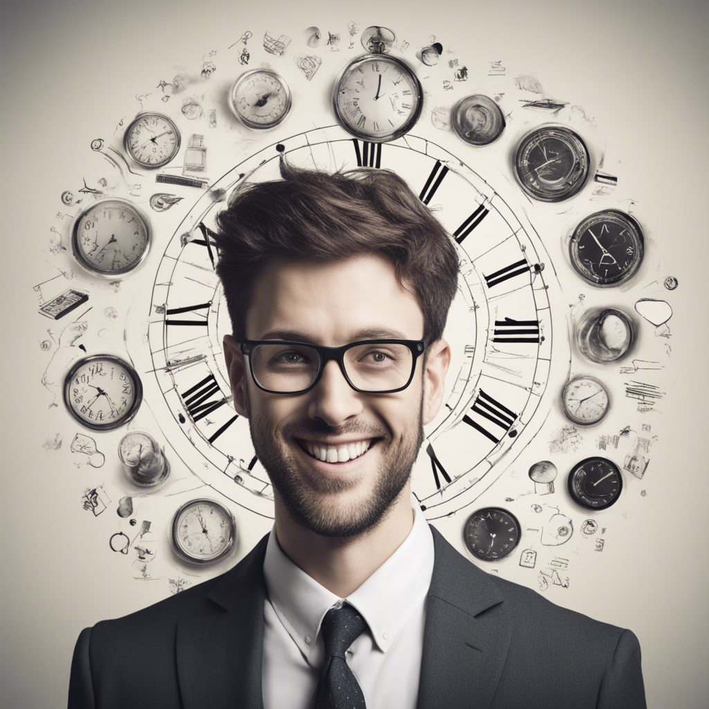 a photo of a man in a business style who confidently manages his time. This person can be represented surrounded by a large clock symbolizing time, and icons or icons representing various aspects of the efficiency and organization of time, such as calendars, schedules, to-do lists, etc. The person can demonstrate a smile and confidence that will emphasize success and efficiency in time management.